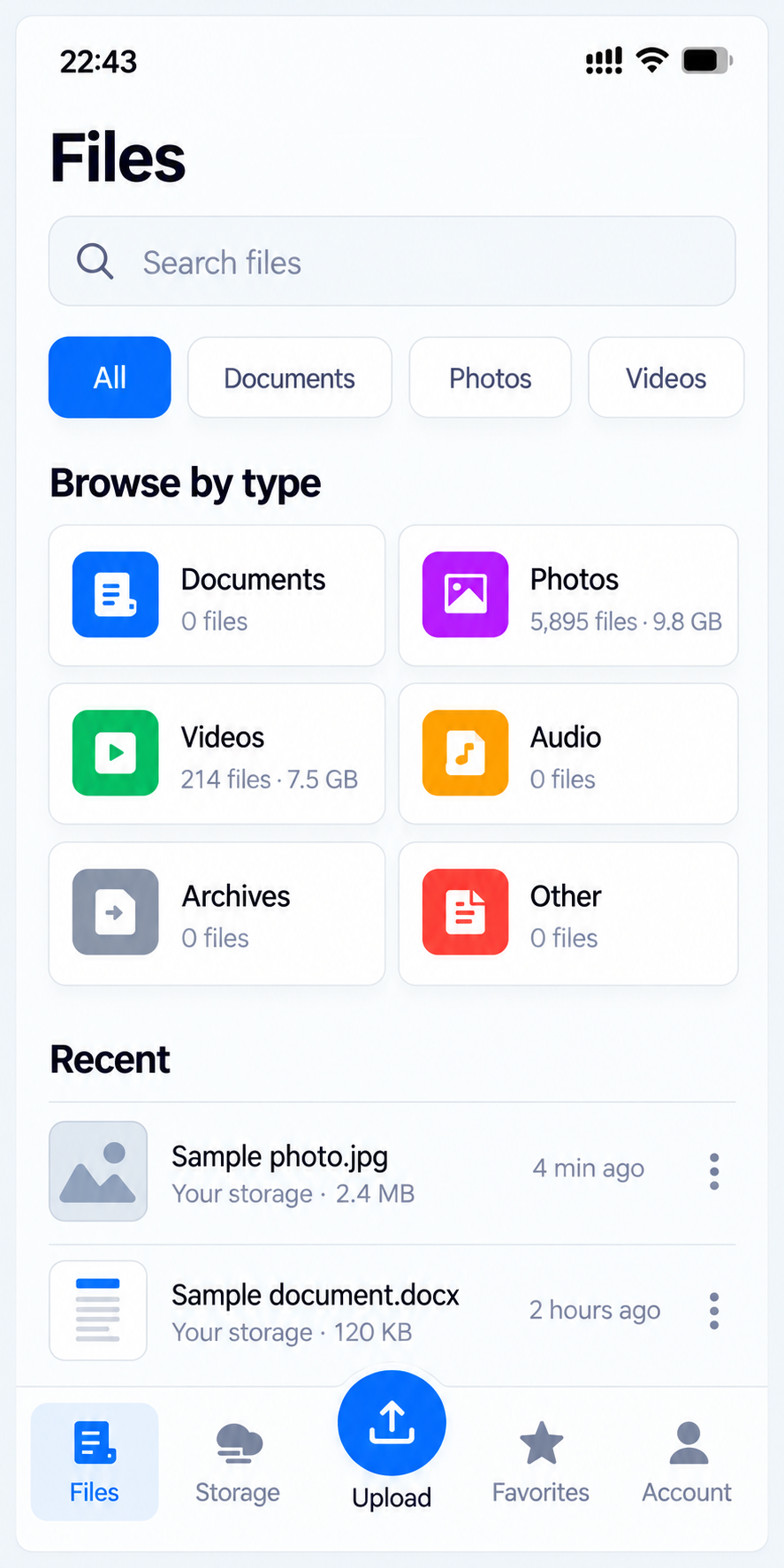 OpenStorage Files interface concept, showing file types, recent files, upload, favorites and account navigation